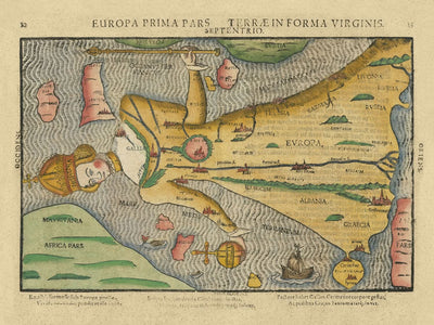 Mapa antiguo de Europa como reina, de Bunting, 1616: diseño antropomórfico, simbolismo de los Habsburgo, alegoría histórica