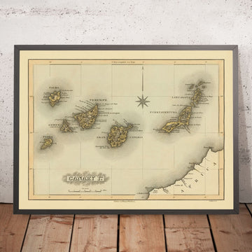 Antica mappa rara delle Isole Canarie di Lucas, 1823: Tenerife, Gran Canaria, rosa dei venti, montagne, Atlantico 