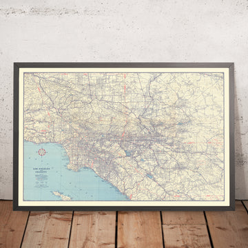 Große alte Straßenkarte von Los Angeles, 1945: Automobilclub von Südkalifornien, Hollywood, Beverly Hills, Route 66 