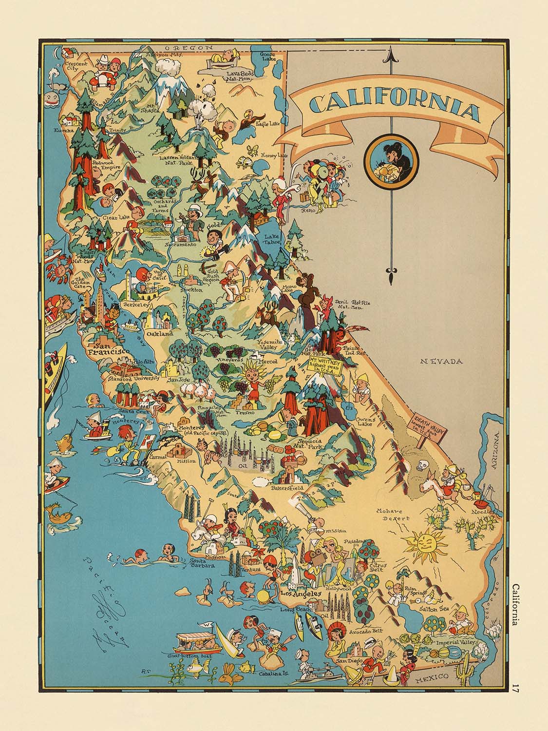 Pictorial Map of California by Ruth Taylor White, 1935: Los Angeles, San Francisco, Yosemite, Sierra Nevada, Hollywood