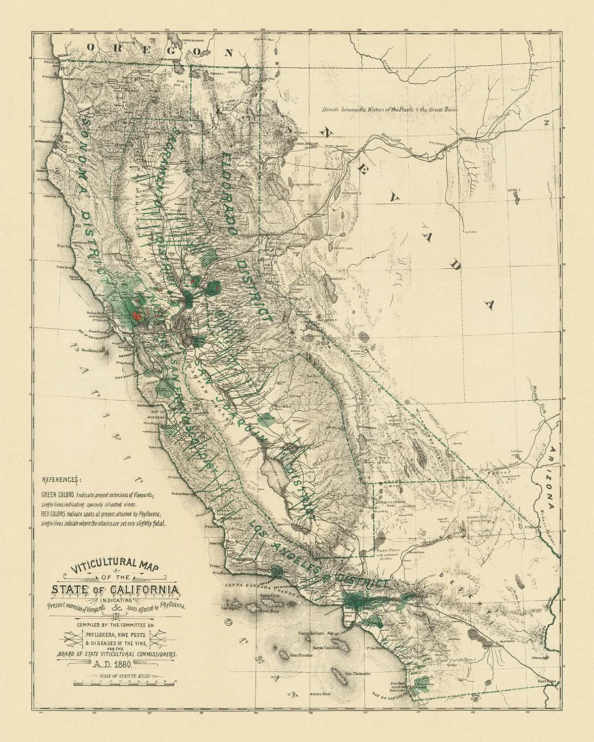 Ancienne carte de la Californie, 1880 : San Francisco, Los Angeles, Sonoma, vignobles, phylloxéra