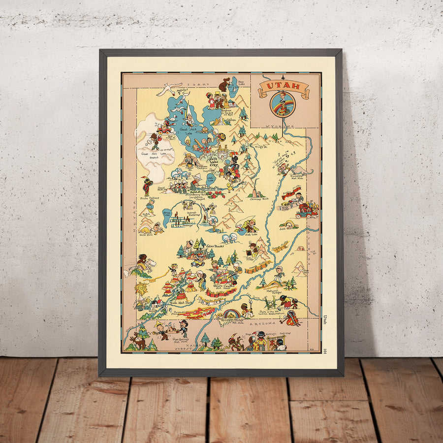 Mappa pittorica dello Utah di Ruth Taylor White, 1935: Salt Lake City, Zion, Arches, Grande Lago Salato, Monti Wasatch 