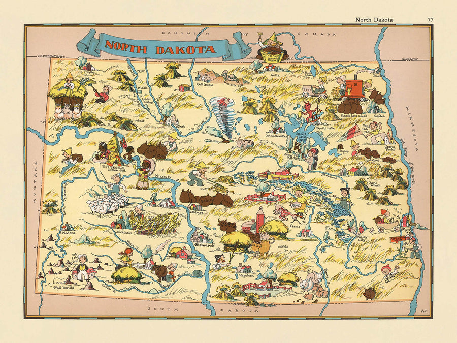 Mappa Pittorica del Dakota del Nord di Ruth Taylor White, 1935: Fargo, Bismarck, Fiume Missouri, Campi di Grano, Bisonte 