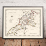 Antica mappa del Carnarvonshire, Galles, di Lewis, 1844: Bangor, Caernarfon, Conwy, Snowdon, ponte sospeso di Menai 