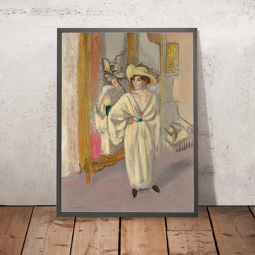 Una imagen enmarcada de Femme en blanc debout devant une glace (Mujer vestida de blanco de pie frente a un espejo) de Henri Matisse, 1918