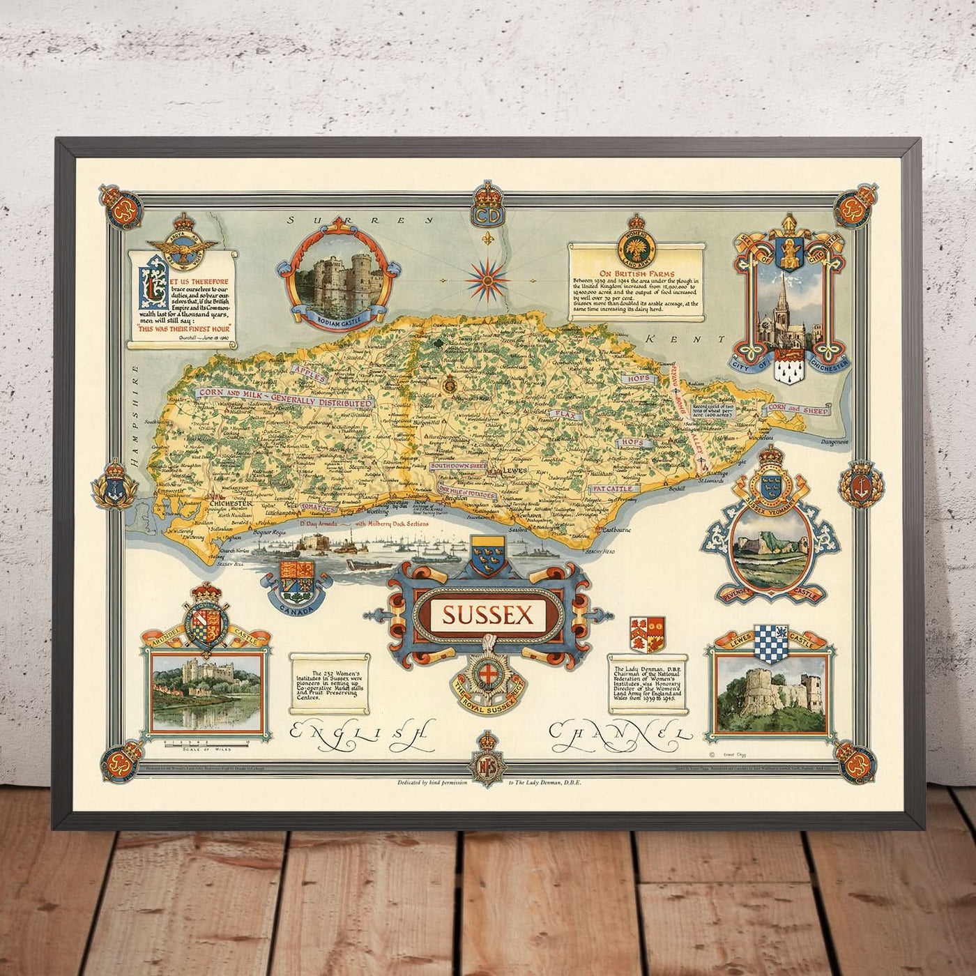 Old Pictorial Map of Sussex by Clegg, 1945: Brighton, Hastings, D-Day Armada, Castles