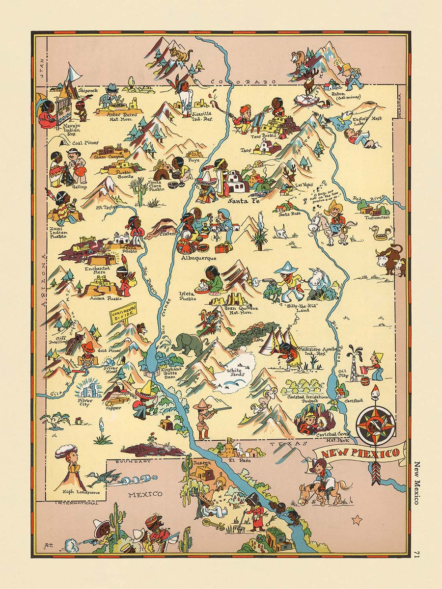Mappa Pittorica del New Mexico di Ruth Taylor White, 1935: Albuquerque, Santa Fe, Rio Grande, Cavità di Carlsbad, Foresta Nazionale di Gila 