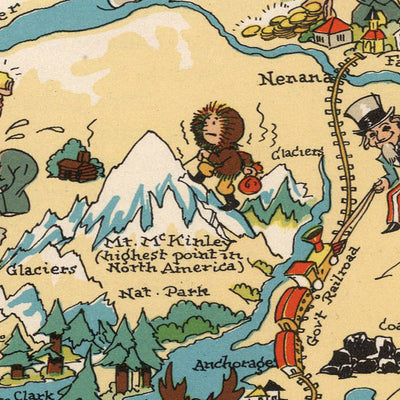 Pictorial Map of Alaska by Ruth Taylor White, 1935: Anchorage, Fairbanks, Yukon River, Glaciers, Aleutians