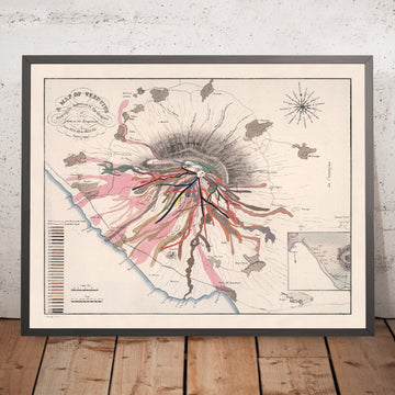 Old Vesuvius Volcano Map of Campania, Italy by Auldjo 1833: Lava flows 1631–1831, Naples, Pompeii, Ercolano