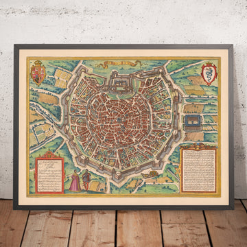 Antigua mapa de Milán de Braun y Hogenberg, 1572: Catedral, fortificaciones, calles, campos 