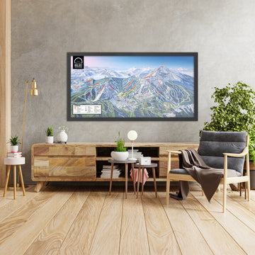 A framed image of Big Sky, Montana in the style of a simple and modern golf course map
