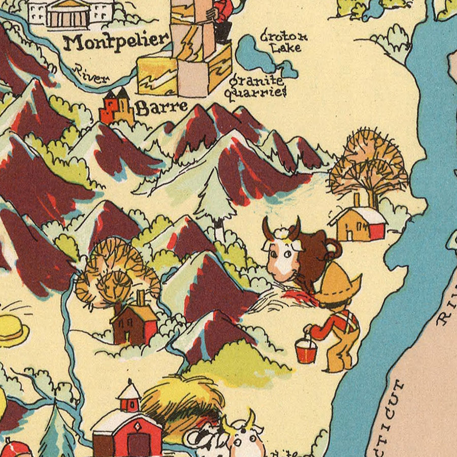 Mappa Pittorica del Vermont di Ruth Taylor White, 1935: Burlington, Montpelier, Rutland, Confini della Contea, Produzione di Sciroppo d&