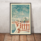 Schnee an der Yakumo-Brücke am Nagata-Schrein in Kobe von Hasui Kawase 1935 