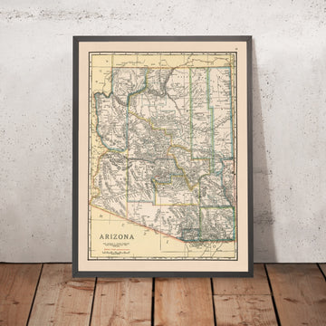 Antiguo mapa de rutas automovilísticas de Arizona, 1920: Phoenix, Tucson, Grand Canyon NP, río Colorado, Mogollon Rim 