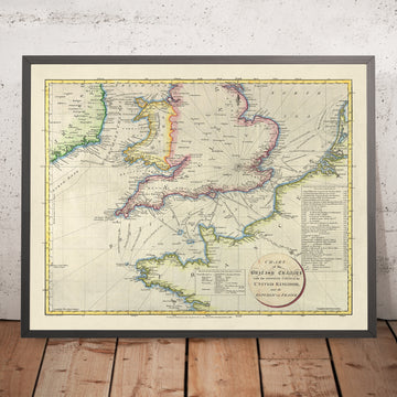 Antiguo mapa náutico del Canal de la Mancha de Russell, 1803: Dover-Calais, Portsmouth, Cherbourg, Le Havre, Boulogne 