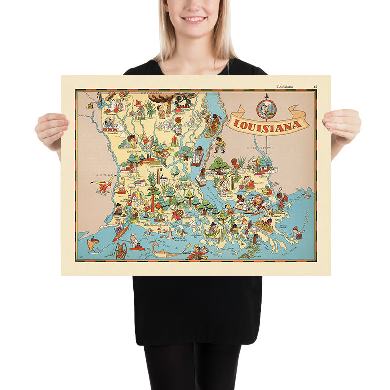 Mappa Pittorica della Louisiana di Ruth Taylor White, 1935: New Orleans, Baton Rouge, Jazz, Bayou, Mardi Gras 