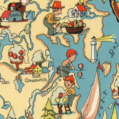 Pictorial Map of Rhode Island by Ruth Taylor White, 1935: Providence, Newport, Narragansett Bay, Lighthouses, Textile Mills