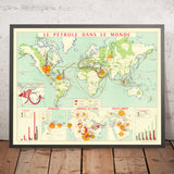 Mappa del mondo in francese antico dell'industria petrolifera globale, 1958: impatto della crisi di Suez, giacimenti petroliferi, cartografia di metà secolo 