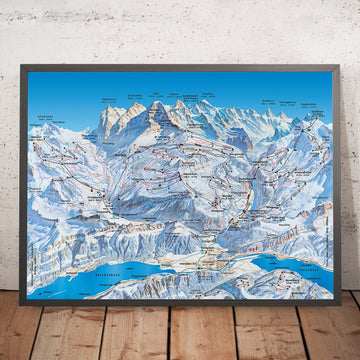 A framed image of Wengen, Switzerland in the style of a simple and modern golf course map