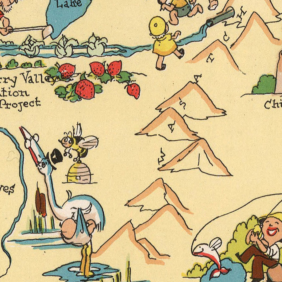 Mappa pittorica dello Utah di Ruth Taylor White, 1935: Salt Lake City, Zion, Arches, Grande Lago Salato, Monti Wasatch 