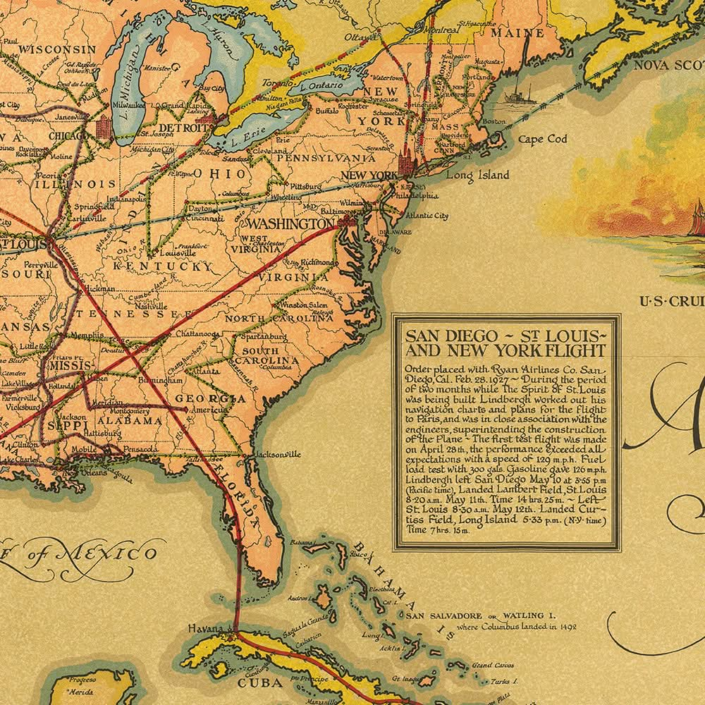 Ancienne carte des vols de Charles A. Lindbergh par Clegg, 1928 : histoire de l'aviation, style pictural, itinéraires détaillés.