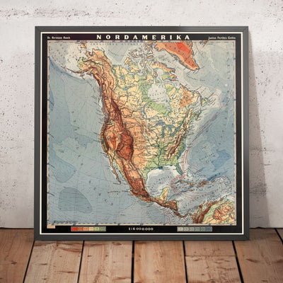 Mapa antiguo de América del Norte de Haack, 1950: topografía, hidrografía, diseño educativo