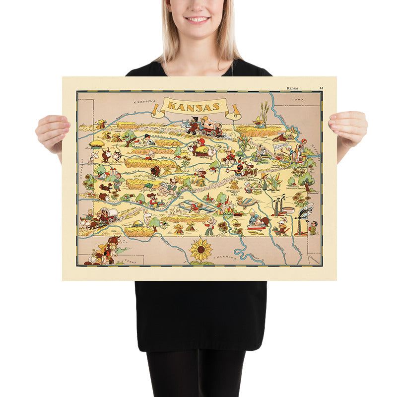 Pictorial Map of Kansas by Ruth Taylor White, 1935: Wichita, Kansas City, Topeka, Railroads, Sunflowers