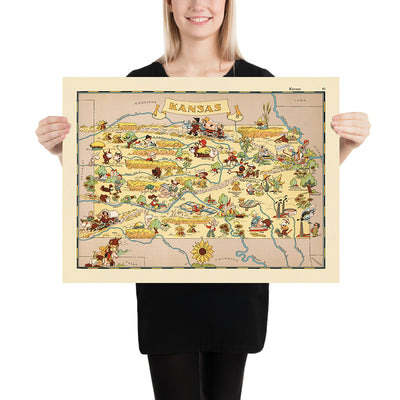 Pictorial Map of Kansas by Ruth Taylor White, 1935: Wichita, Kansas City, Topeka, Railroads, Sunflowers
