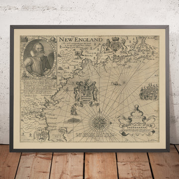 Prima mappa del New England di John Smith, 1616: Boston, Plymouth, Cape Ann, design barocco ornato 