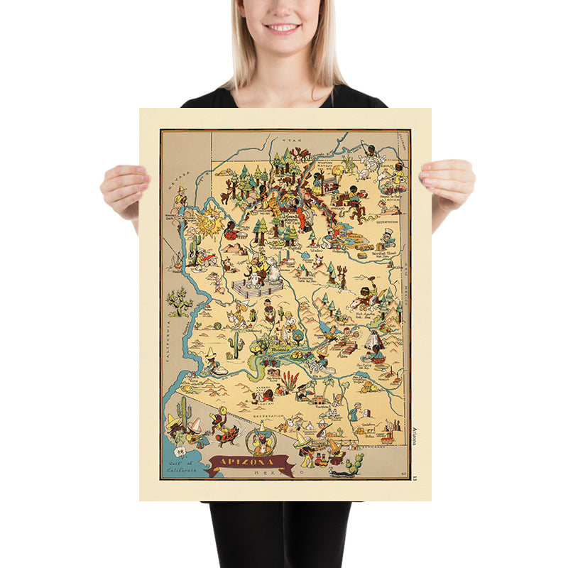 Pictorial Map of Arizona by Ruth Taylor White, 1935: Grand Canyon, Phoenix, Tucson, Painted Desert, Petrified Forest