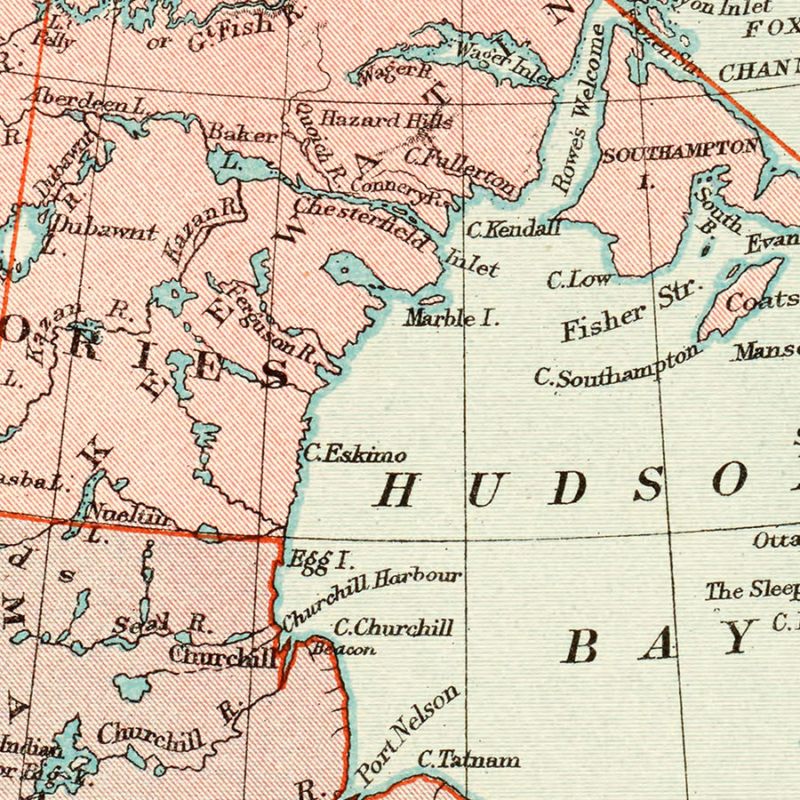 Mappa antica del Canada di Stanford, 1926: Toronto, Baia di Hudson, Ferrovie 