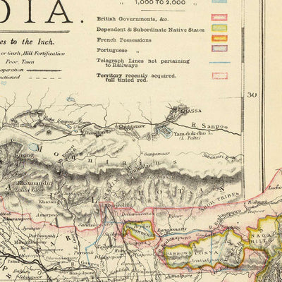 Old Map of India by Letts, 1883: Calcutta, Bombay, Madras, Arabian Sea, Bay of Bengal