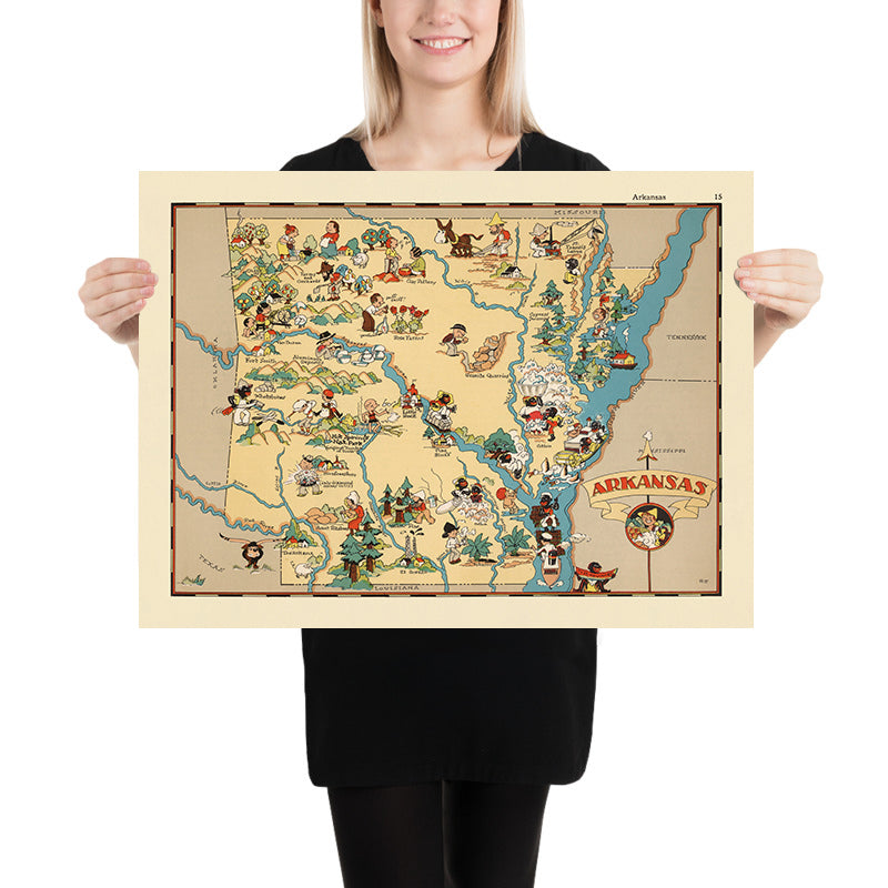 Pictorial Map of Arkansas by Ruth Taylor White, 1935: Little Rock, Hot Springs, Agriculture, Mississippi River, Timber