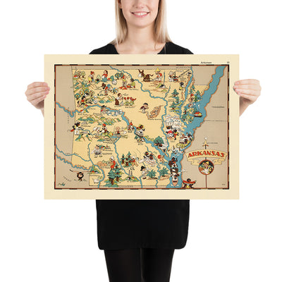 Pictorial Map of Arkansas by Ruth Taylor White, 1935: Little Rock, Hot Springs, Agriculture, Mississippi River, Timber