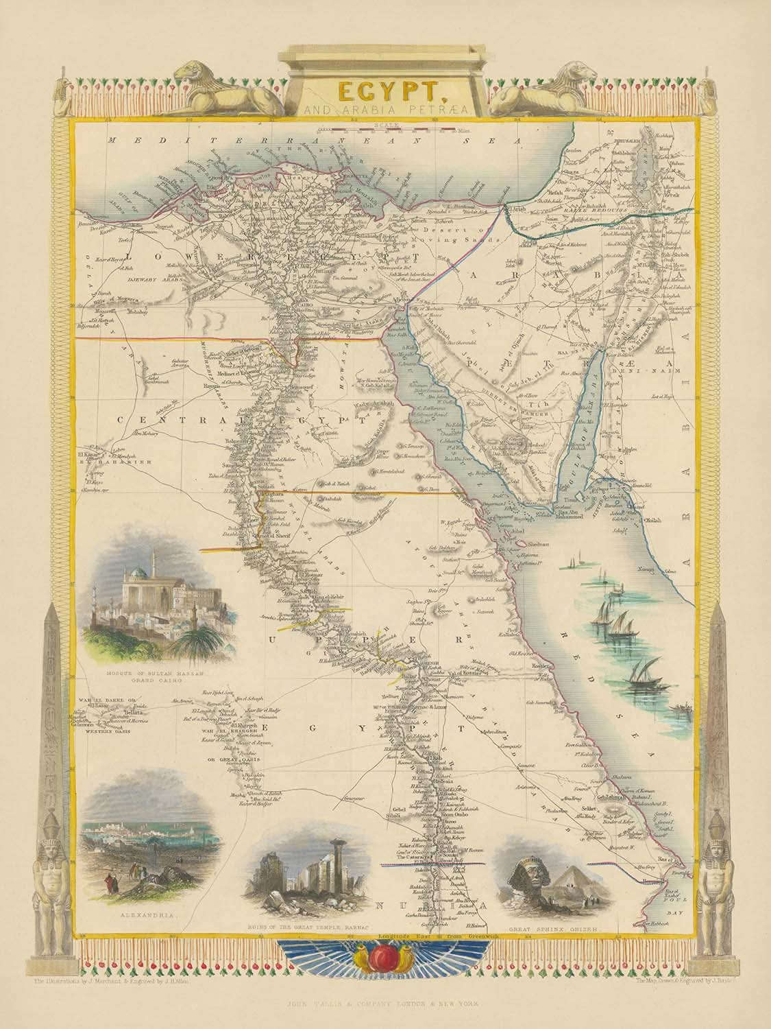 Alte Karte von Ägypten von Tallis, 1851: Kairo, Alexandria, Karnac, Sphinx, Rotes Meer