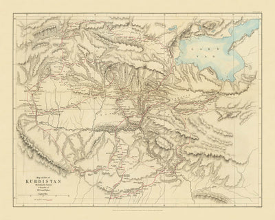 Old Map of Kurdistan by Royal Geographical Society, 1865: Lake Van, Diyarbakir, Erzurum, Mountains