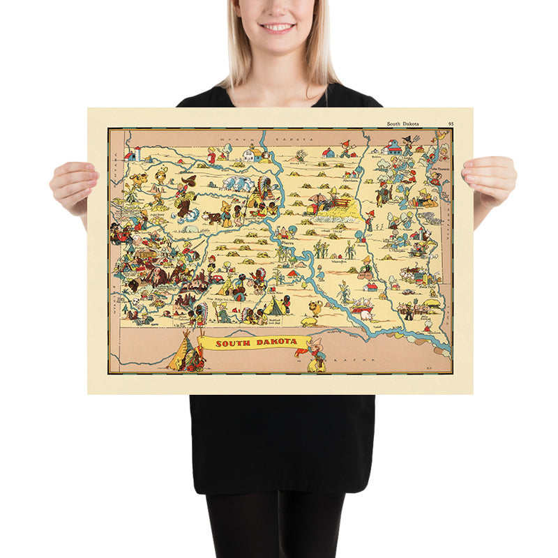 Mappa pittorica del Dakota del Sud di Ruth Taylor White, 1935: Sioux Falls, Black Hills, Monte Rushmore, Fiume Missouri, Badlands 