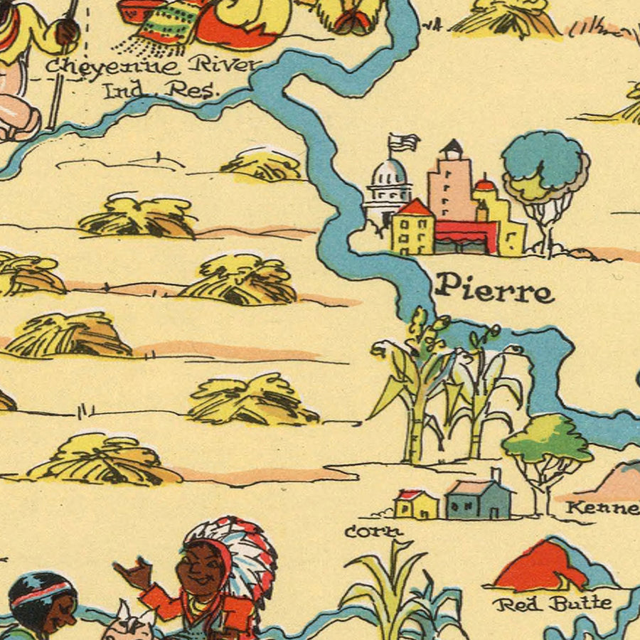 Mappa pittorica del Dakota del Sud di Ruth Taylor White, 1935: Sioux Falls, Black Hills, Monte Rushmore, Fiume Missouri, Badlands 