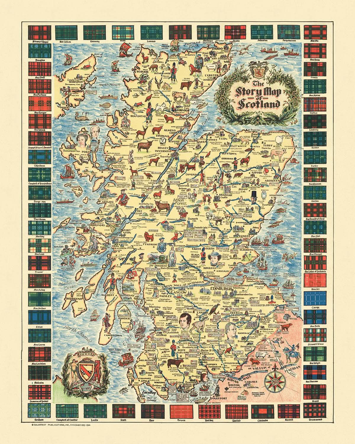 Old Pictorial Map of Scotland, 1935: Edinburgh, Glasgow, Castles, Tartans, Historical Figures