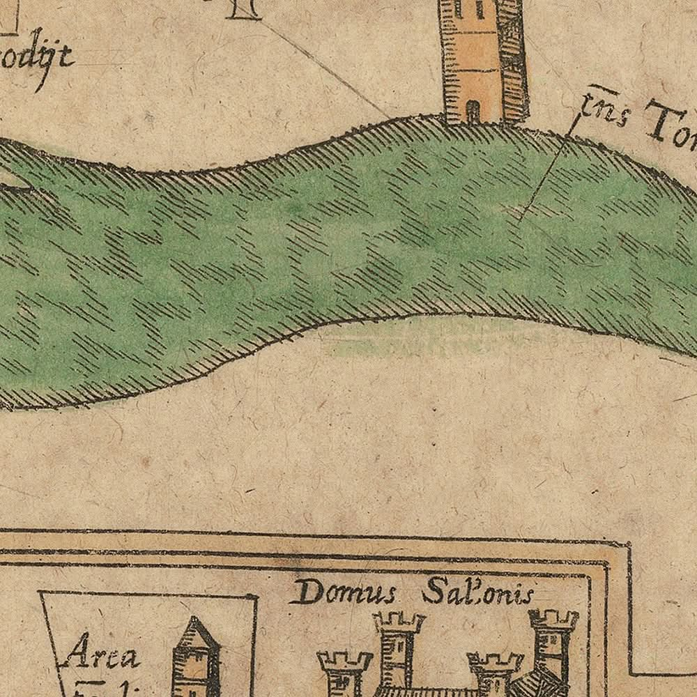 Mapa antiguo de Jerusalén de Bongars, 1611: Salomón, Pilato, Sepulcro, Cedrón, Siloé