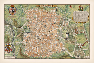 Old Map of Madrid by de Fer, 1705: Royal Palace, Calle Mayor, Campo Grande, Coats of Arms, Churches