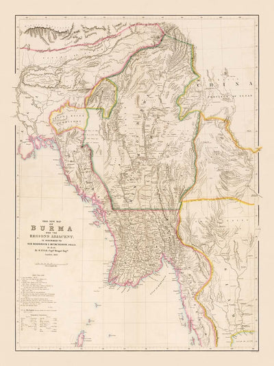 Old Map of Burma (Myanmar) by Arrowsmith, 1857: Irrawaddy, Salween, Yangon, Mandalay, Arakan Mountains