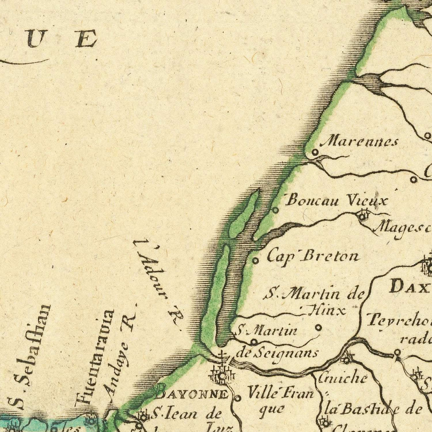 Old Map of North Spain by Sanson, 1652: Galicia, Asturias, San Sebastian, Bay of Biscay, Basque