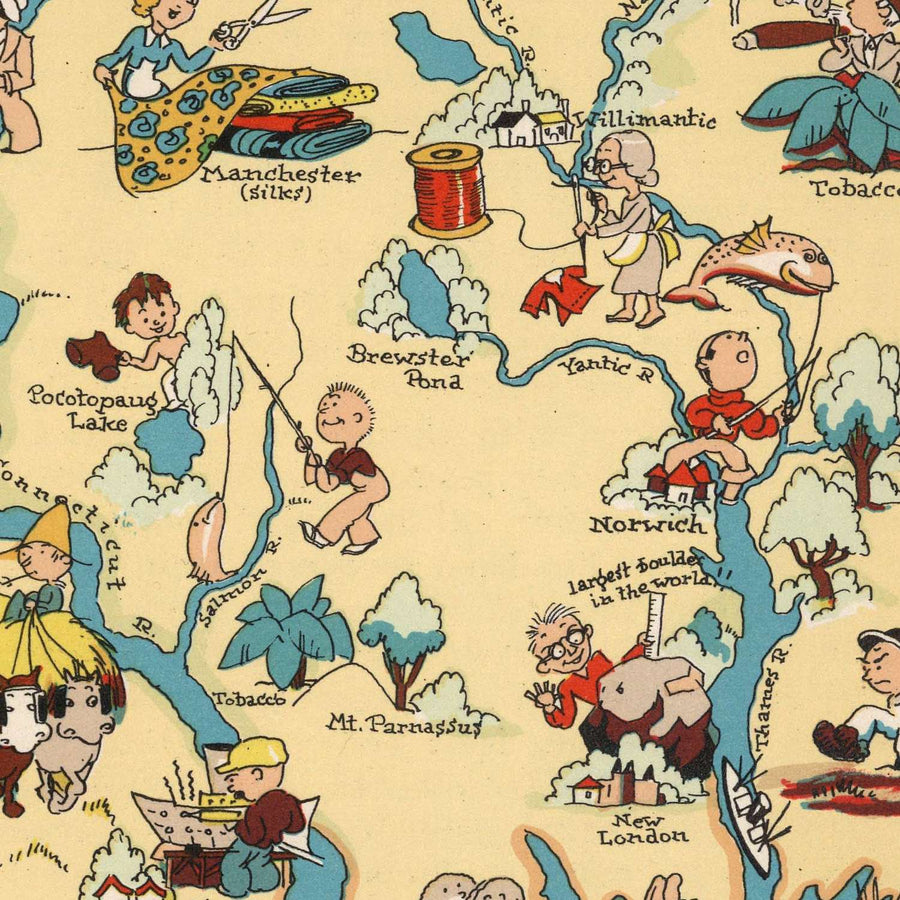 Mappa Pittorica del Connecticut di Ruth Taylor White, 1935: Bridgeport, New Haven, Yale, Long Island Sound, Fiume Connecticut 