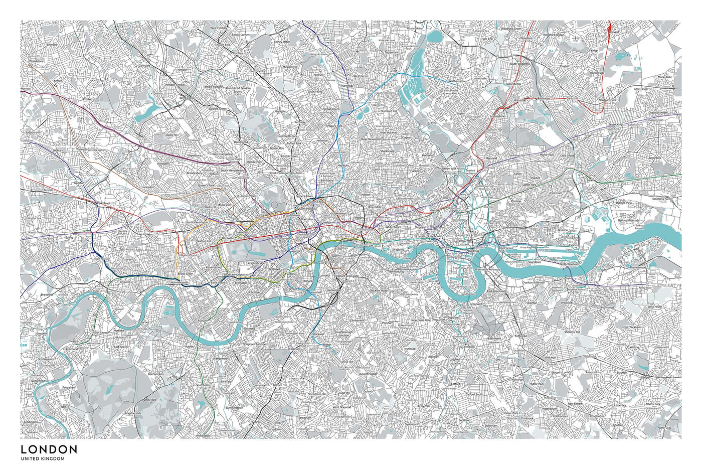 Modern London Map with Real Underground Tube Routes