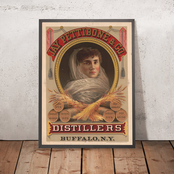 A framed image of Jay Pettibone & Co. Vintage Whiskey Poster, 1878