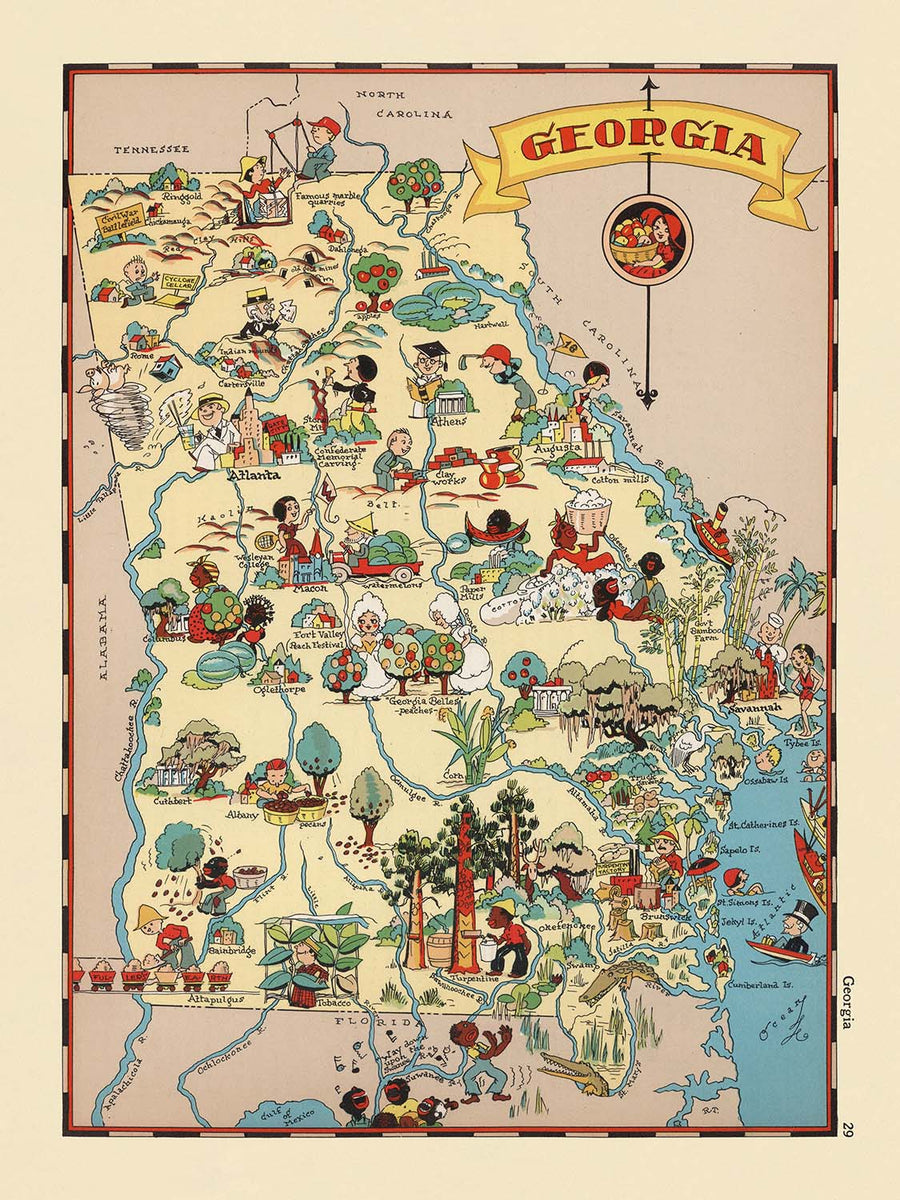 Mappa Pittorica della Georgia di Ruth Taylor White, 1935: Atlanta, Savannah, Augusta, Macon, Battelli Fluviali 