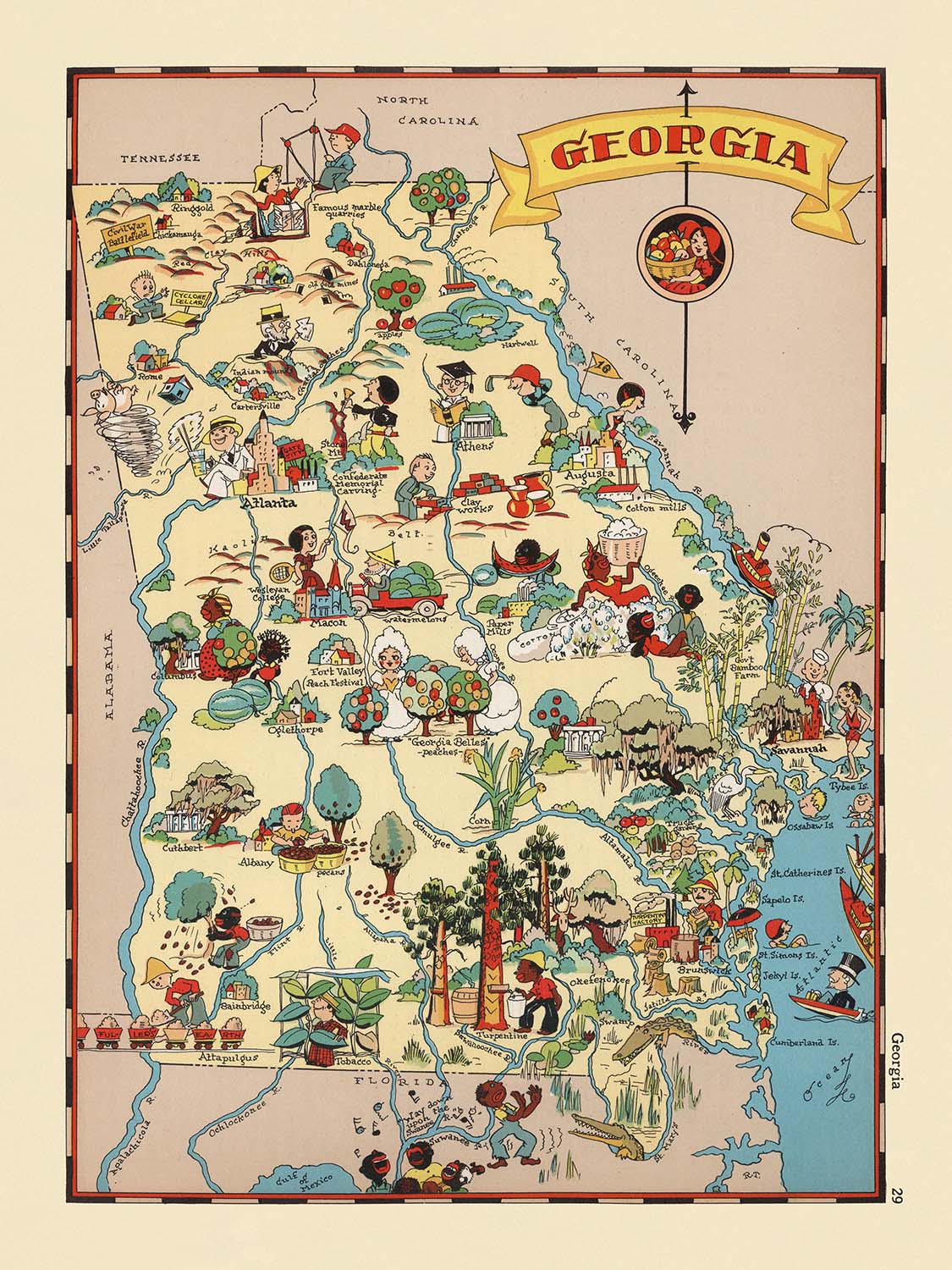 Pictorial Map of Georgia by Ruth Taylor White, 1935: Atlanta, Savannah, Augusta, Macon, Riverboats