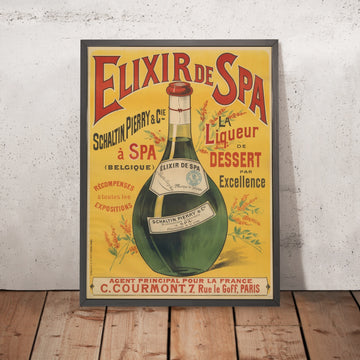 A framed image of Elixir de Spa Vintage Liqueur Poster, 1900