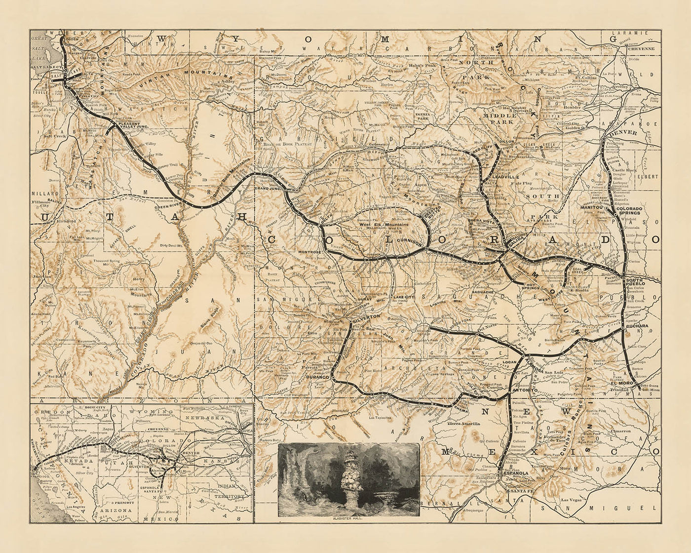 Old Railroad Map of Denver & Rio Grande Railroad System, 1882: Denver, Pueblo, Leadville, San Miguel County, Utah